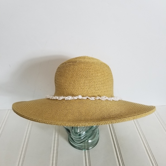 August Hat Co Wide Brim Straw Hat White Eyelet Band Summer Beach main image 10